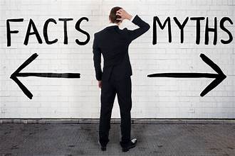 Man thinking hand on back of head in between two arrows one says Facts the other says Myths