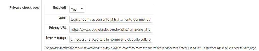 Privacy Check Box Settings