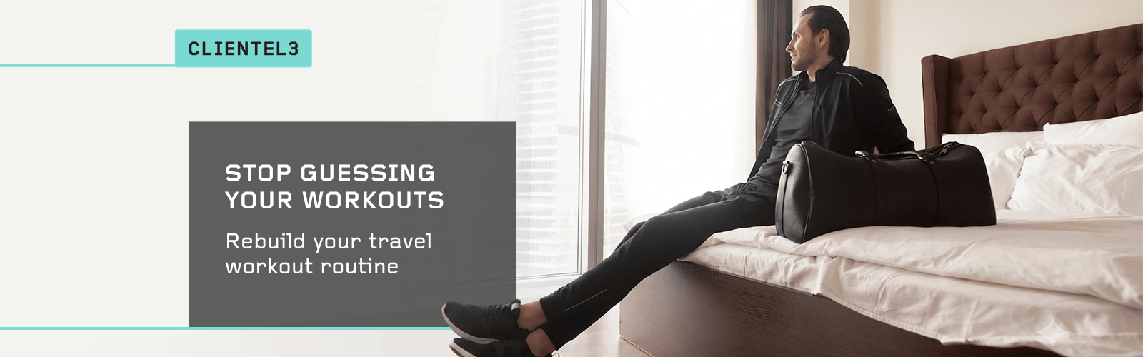 Man sitting on hotel bed with travel bag, representing a travel workout routine for staying strong while traveling