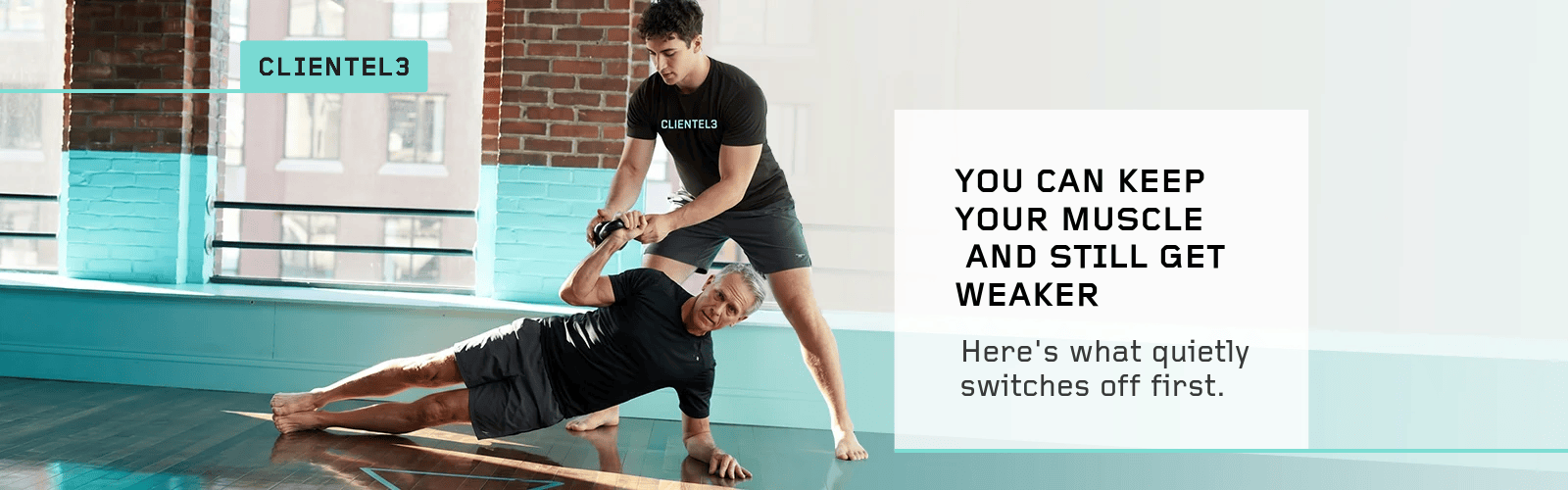 Strength training for longevity: CLIENTEL3 coach guiding an older client through a weighted side plank in a Boston studio