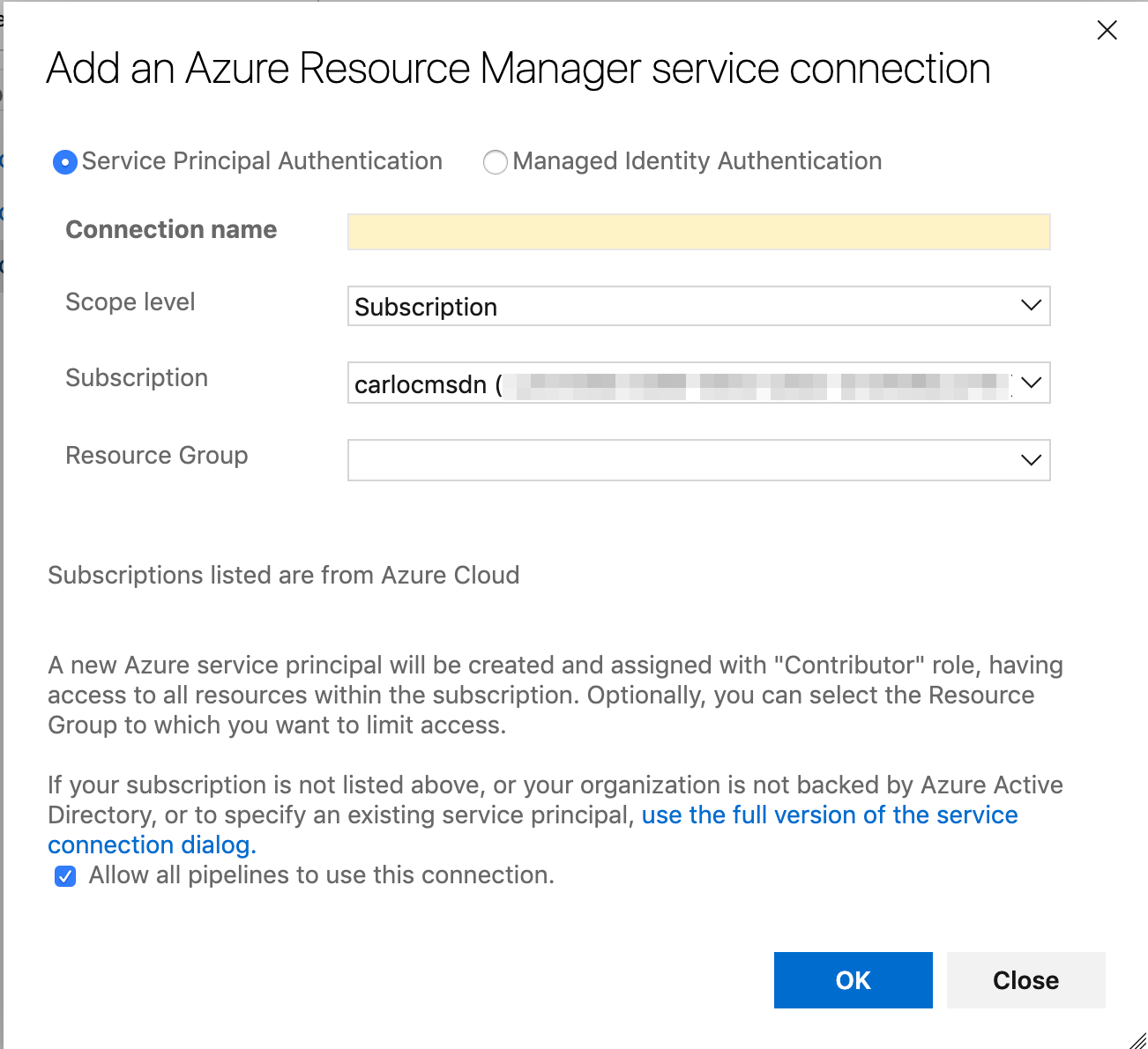 azure resource manager service connection