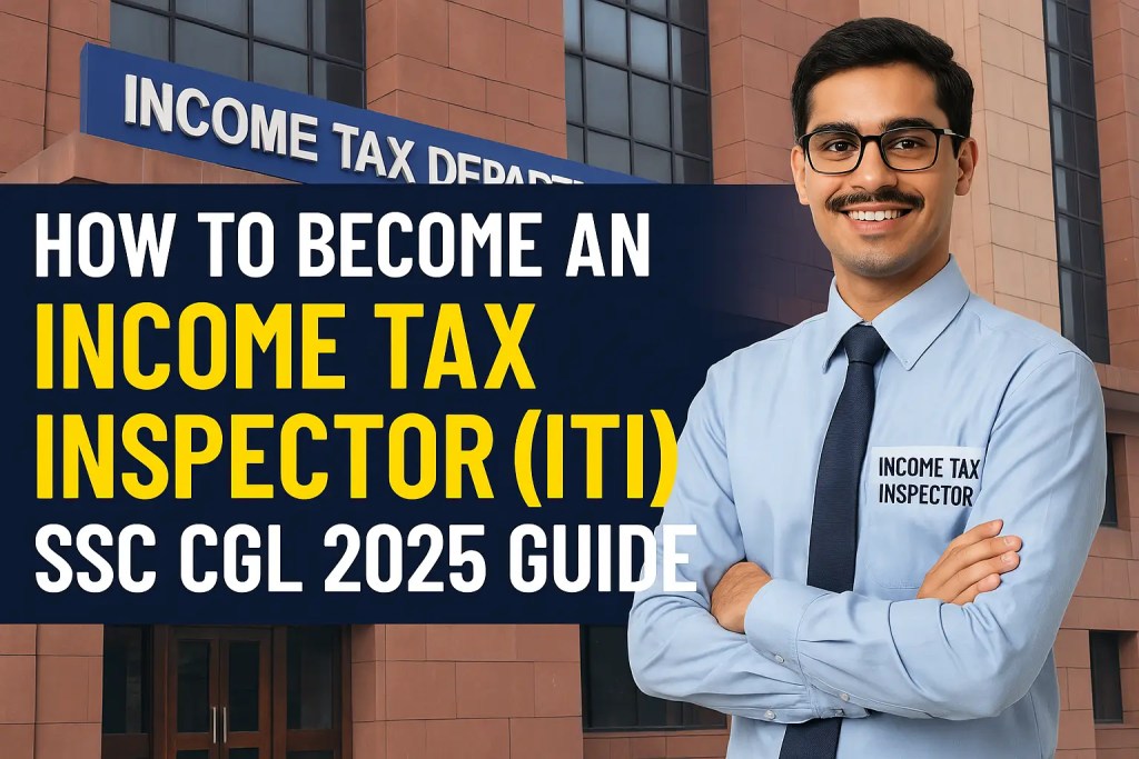 How to Become an Income Tax Inspector (ITI) | SSC CGL 2025 Guide Future Income Tax Inspector standing confidently in front of the Income Tax Department building, with bold title 'How to Become an Income Tax Inspector (ITI) SSC CGL 2025 Guide' displayed prominently