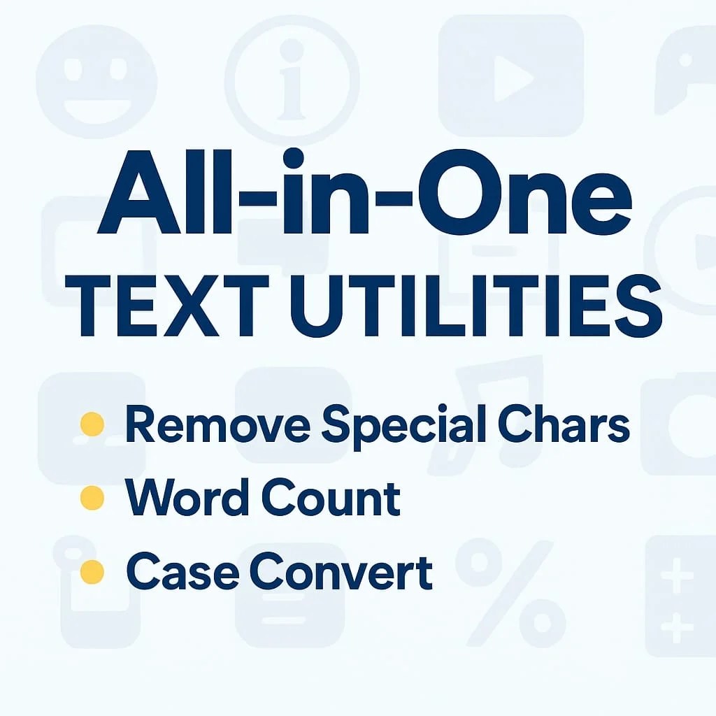 All-in-One Text Utilities – Remove Special Chars, Word Count, Case Convert "All-in-One Text Utilities" featuring key functions like Remove Special Chars, Word Count, and Case Convert, with infotainment icons in the background.