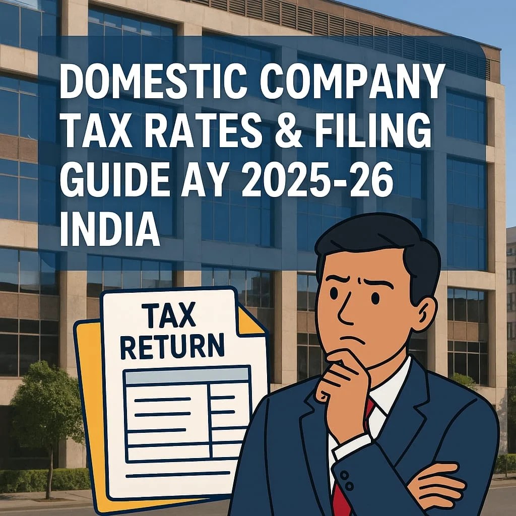 Domestic Company Tax Rates & Filing Guide AY 2025-26 India Indian tax officer thinking about tax return in front of domestic company building for AY 2025-26 guide
