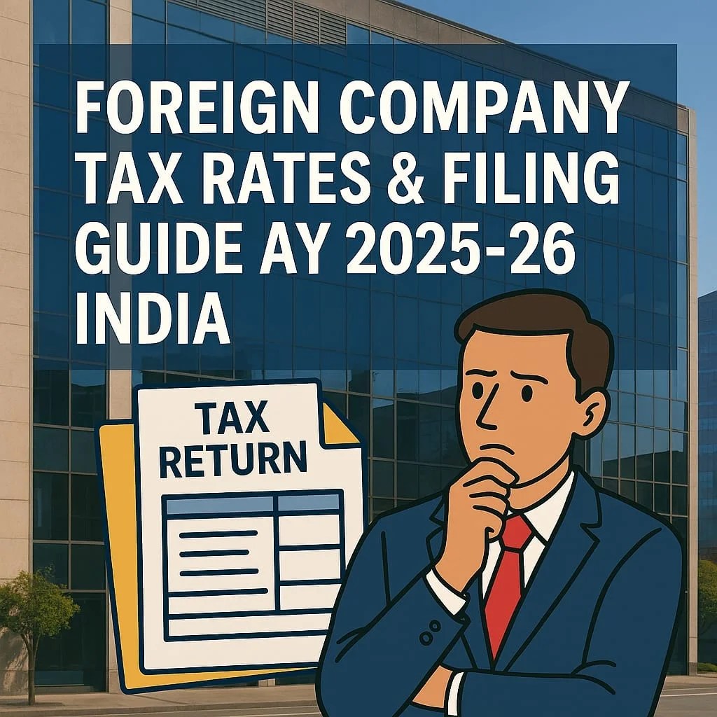 Foreign Company Tax Rates & Filing Guide AY 2025-26 India Foreign tax officer thinking about tax return in front of global company building for AY 2025-26 India guide