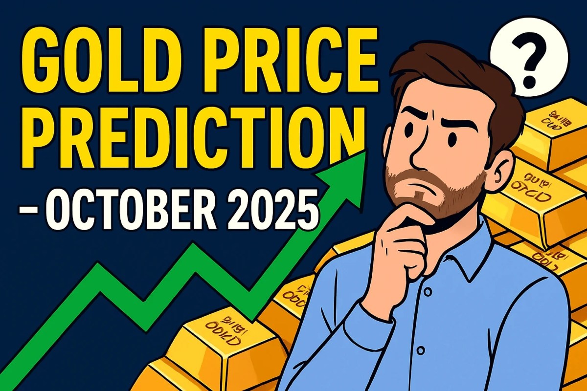 Gold Price Prediction — October 2025 cartoon man thinking about gold price prediction, October 2025, gold bars, upward trend arrow, financial forecast, investment analysis