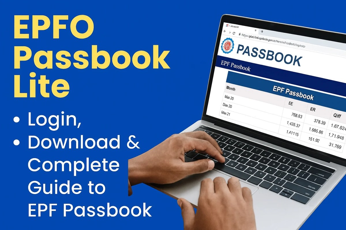 EPFO Passbook Lite: Login, Download & Complete Guide to EPF Passbook EPFO Passbook Lite login and download guide thumbnail showing hands on laptop with EPF passbook screen