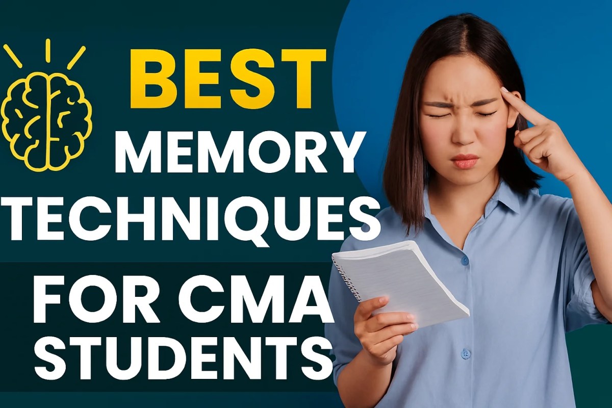 Best Memory Techniques for CMA Students Bold thumbnail featuring “Best Memory Techniques for CMA Students” with a brain icon and a focused student holding notes, conveying study intensity and learning strategies