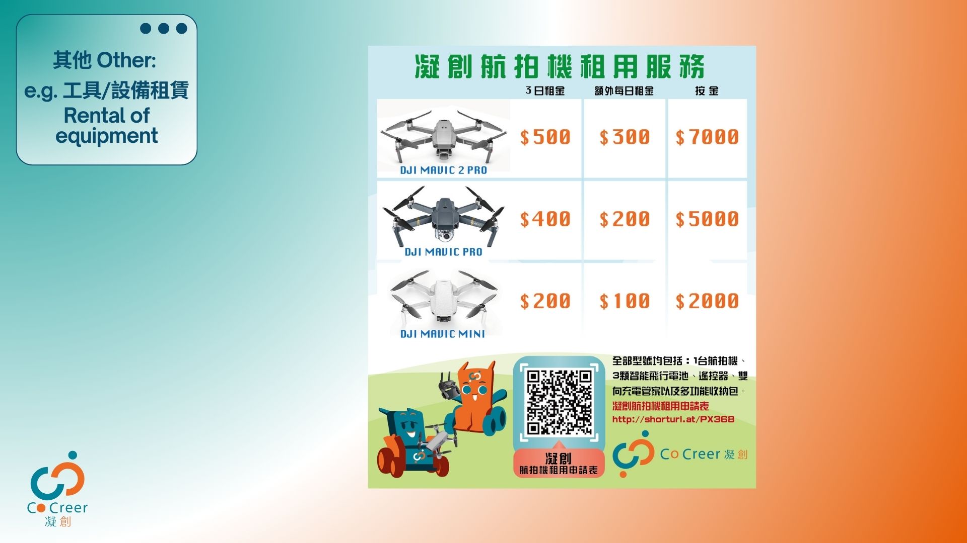 其他 Other: e.g. 工具/設備租賃 Rental of equipment | 凝創航拍機租用服務 (Drone Rental Service) | DJI Mavic 2 Pro: $500 (3 days), $300 (extra 3 days), $7000 (deposit) | DJI Mavic Pro: $400 (3 days), $200 (extra 3 days), $5000 (deposit) | DJI Mavic Mini: $200 (3 days), $100 (extra 3 days), $2000 (deposit) | Co-Creer 凝創 | Scan QR code to inquire or register: shortcut.url/PX3B8
