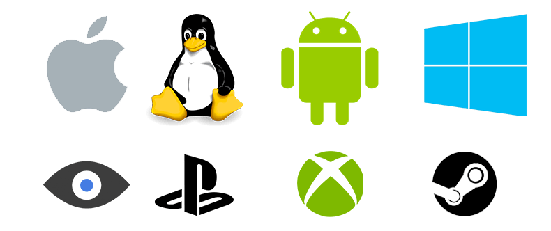 Platform Logos Mac, Linux, Android, Windows, Oculus, PS4, Xbox One, Steam