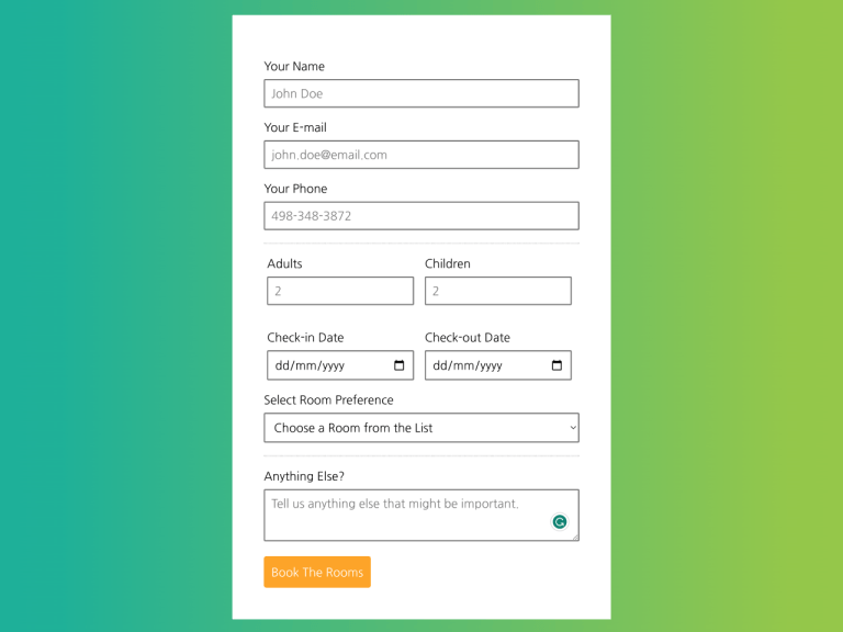 Hotel Booking Form HTML Code Free — CodePel
