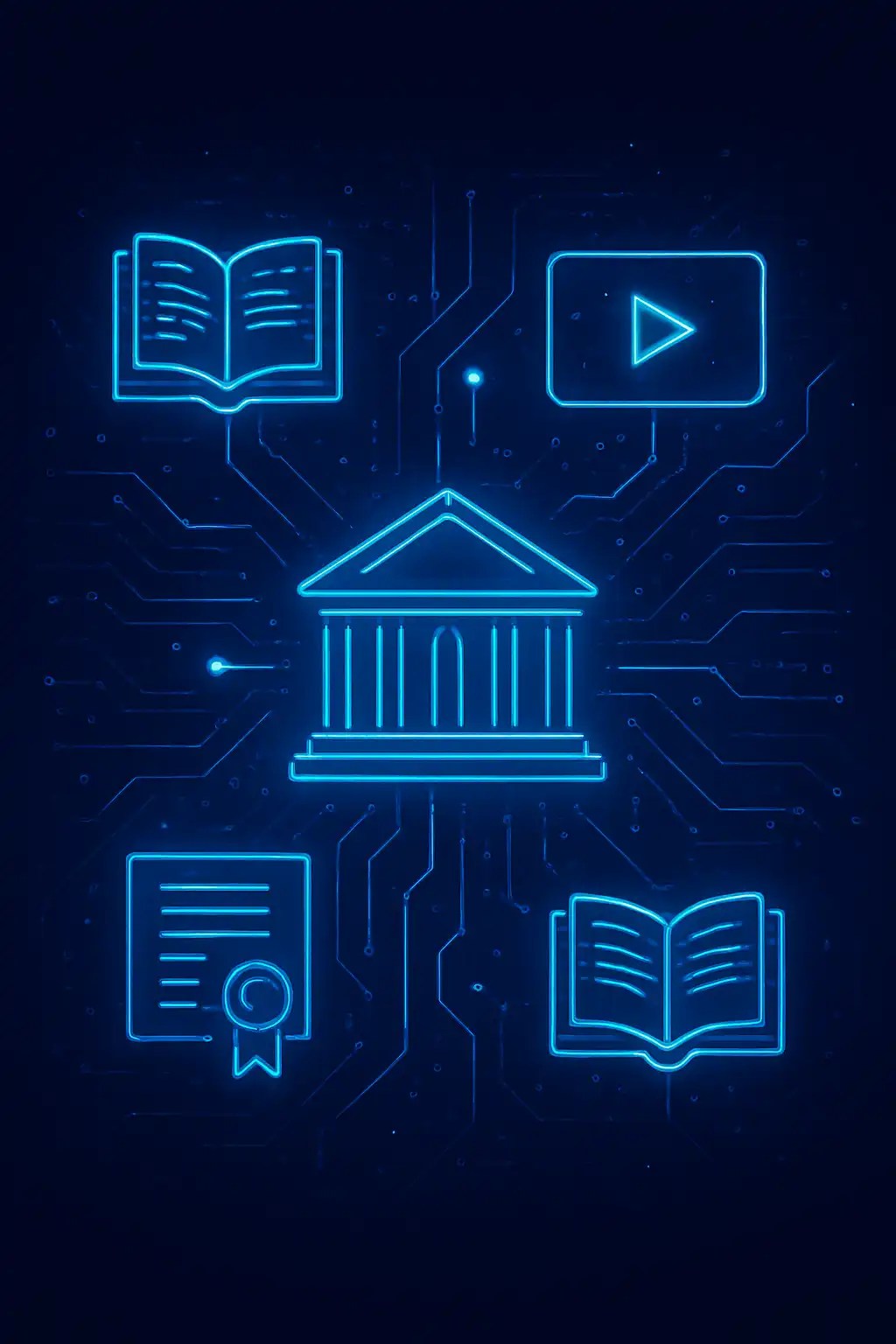 Representación digital interconectada de los elementos clave que definen ¿Qué es un Campus Virtual?, incluyendo libros, videos, certificados y una institución central.