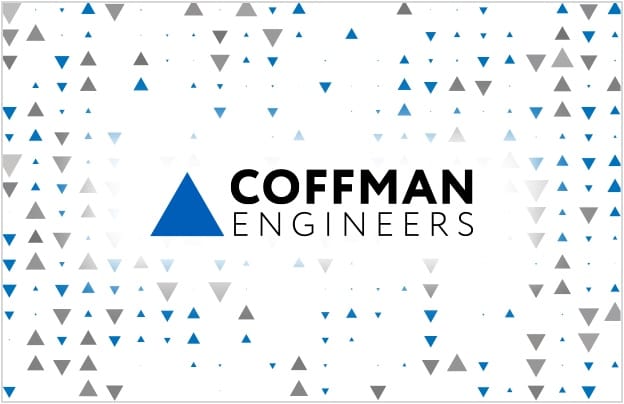 The Coffman Engineers logo with grey and blue triangles in the background
