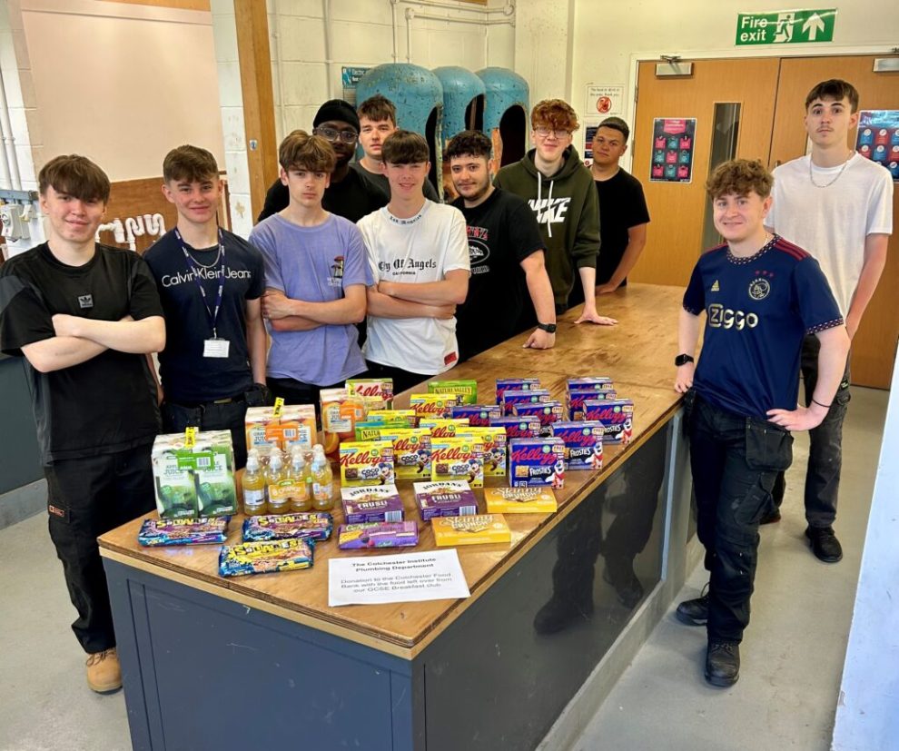 Plumbing students put together a collection of healthy breakfast snacks to be donated to Colchester Foodbank