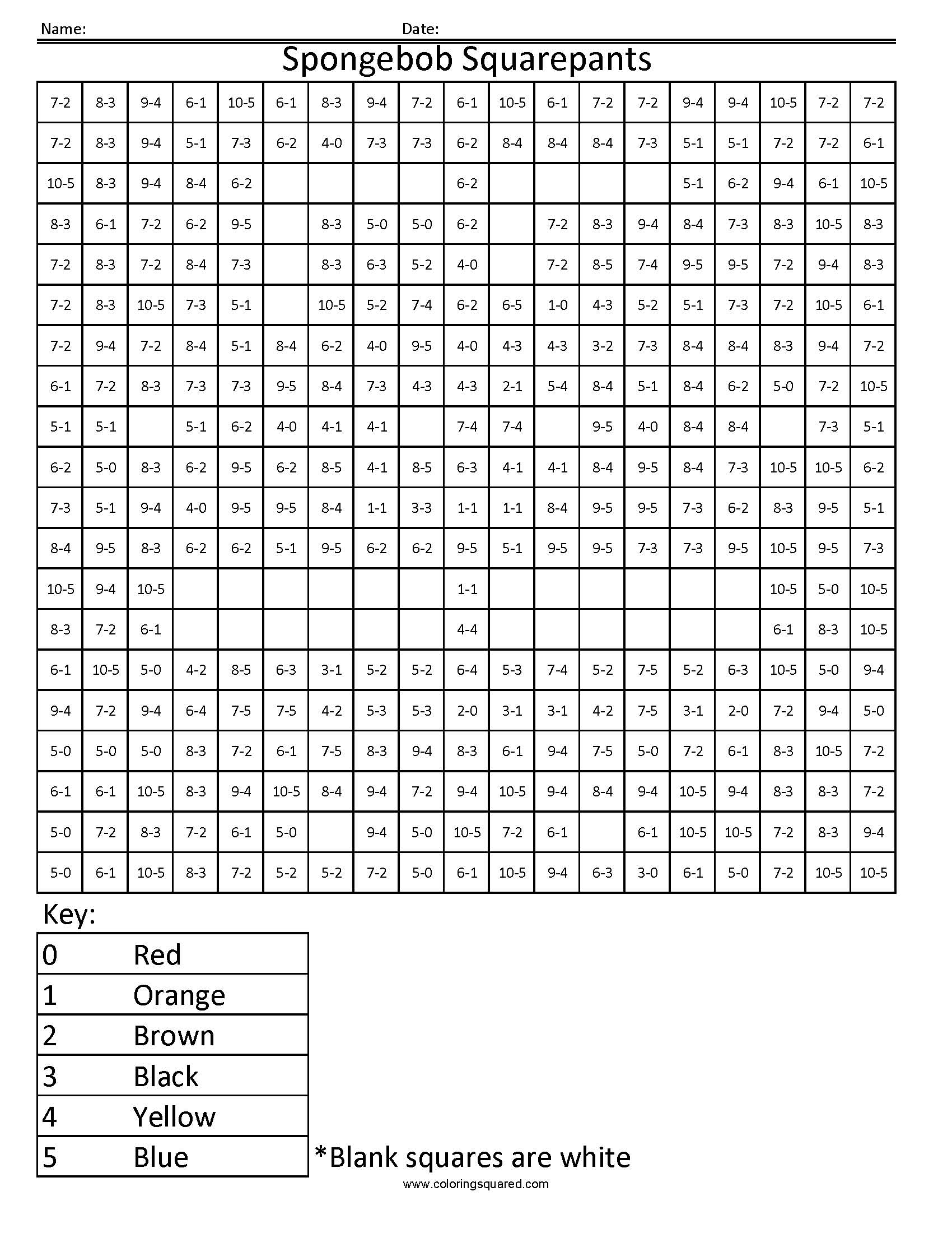 6as spongebob squarepants cartoon worksheet subtraction coloring squared