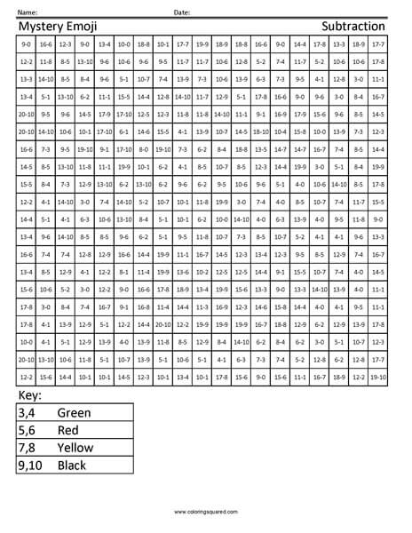 emoji addition and subtraction coloring squared