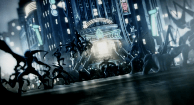 The Dual Wielding Unknown (later confirmed to be Roxas) battles a horde of Neoshadow Heartless in front of Memory's Skyscraper in Another Side, Another Story [deep dive]