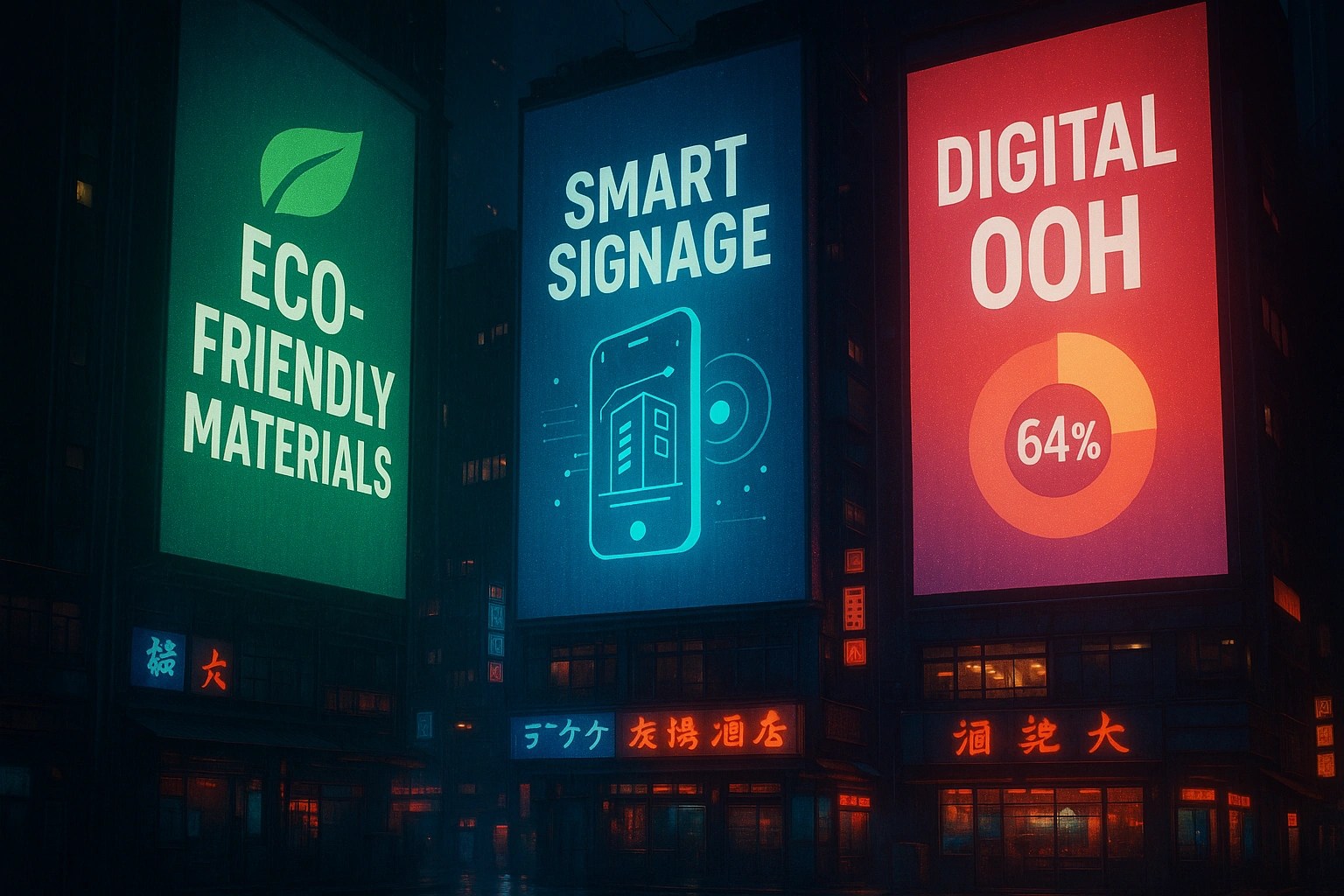 Three digital billboards showcasing eco-friendly materials, smart signage, and digital OOH (64%) in a nighttime city setting.