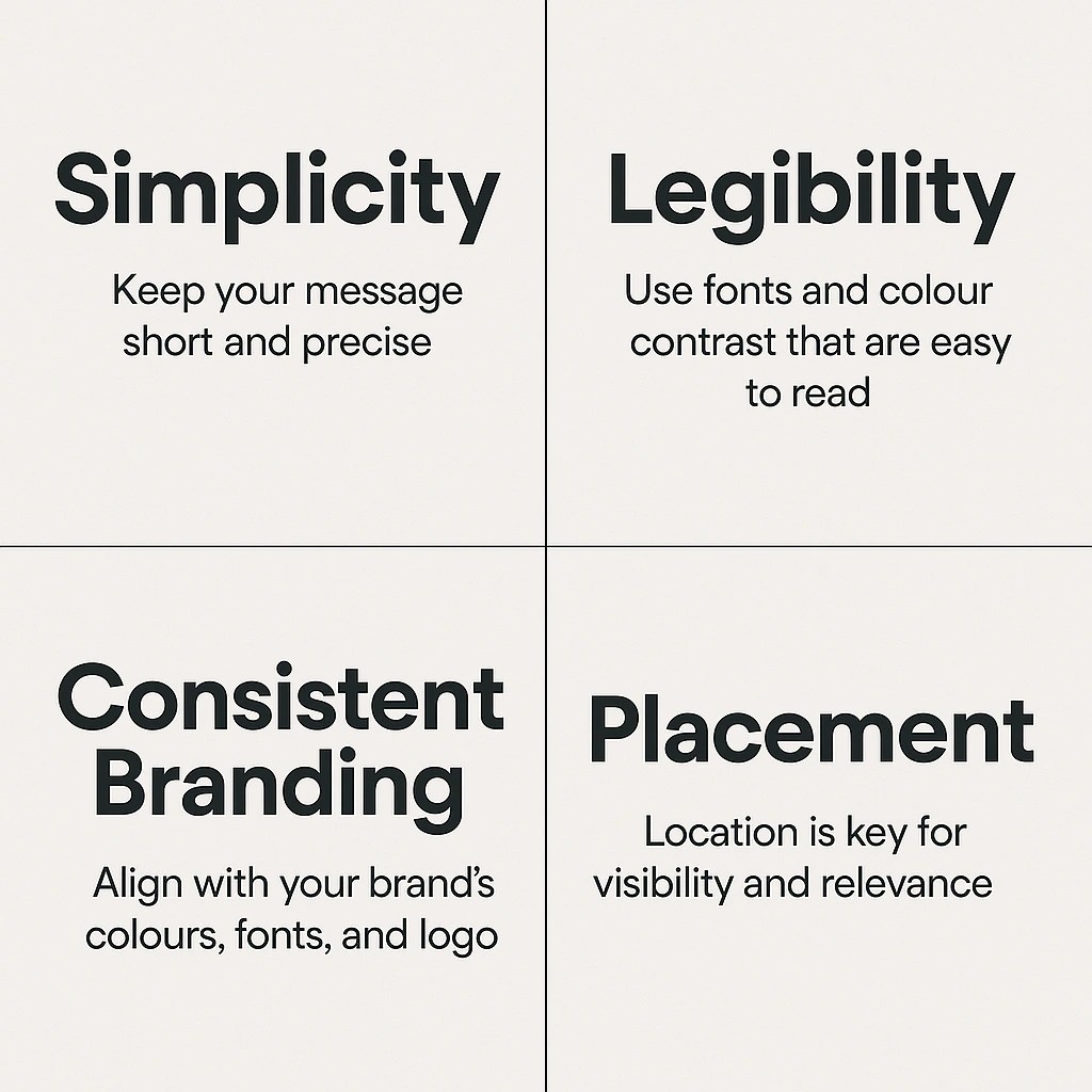 Four key principles for effective design: Simplicity, Legibility, Consistent Branding, and Placement