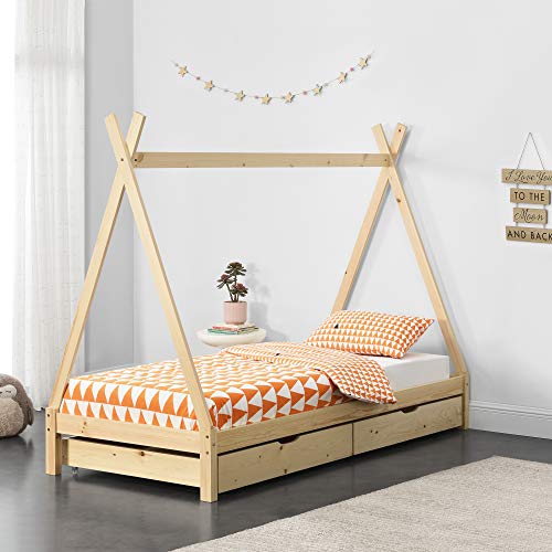 Cama Para Ninos De Madera Pino 90 X 200 Cm Con 2 Cajones Para Almacenar En Diseno De Carpa Indio Cama Infantil Estructura Tipi Color Blanco Descanso Y Sueno Muebles