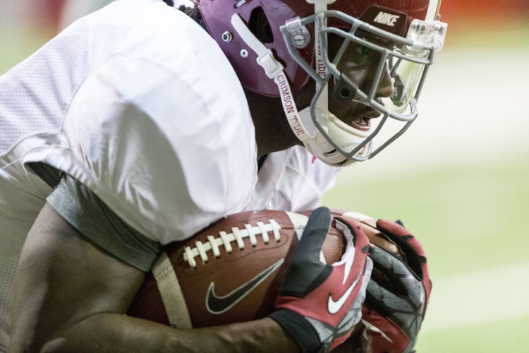 Alabama running back Bo Scarbrough works through drills during football practice on Tuesday in Tuscaloosa, Ala.