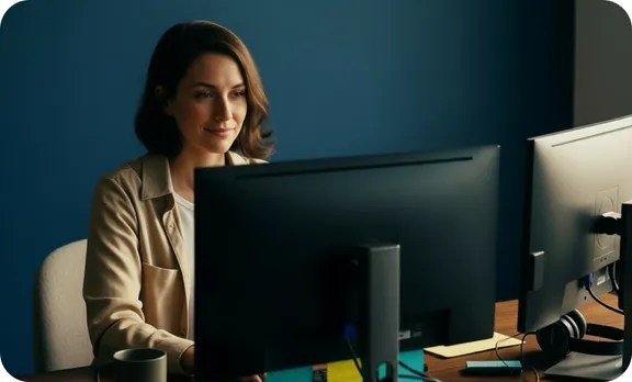 Woman working on dual screen computer