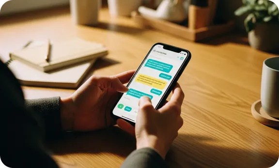 Hands typing a message on phone