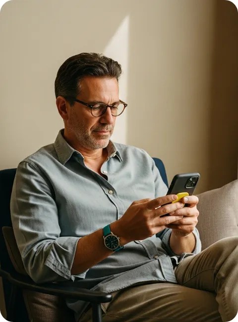 Middle aged man in glasses typing on a phone