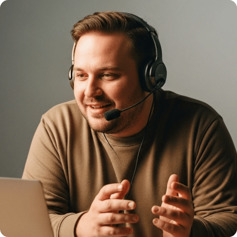 Customer support agent talking on headset