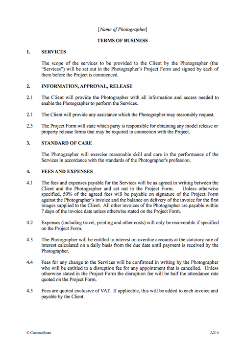 Photography Contract Template Uk Contractstore