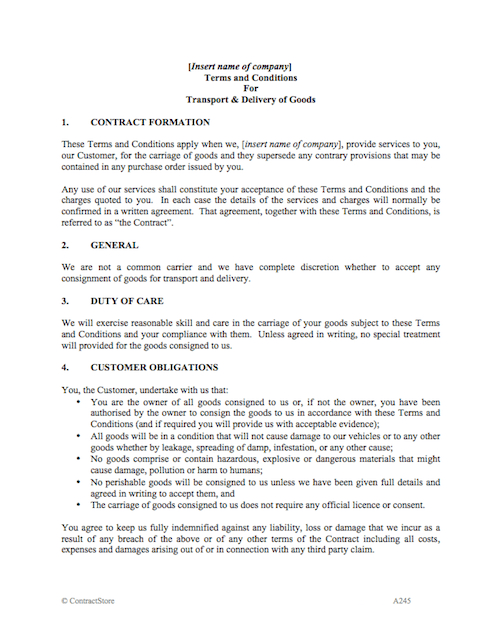 Transport Of Goods Terms Conditions Carrier Agreement Template Contractstore