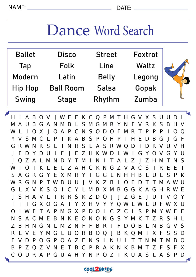 printable dance word search cool2bkids