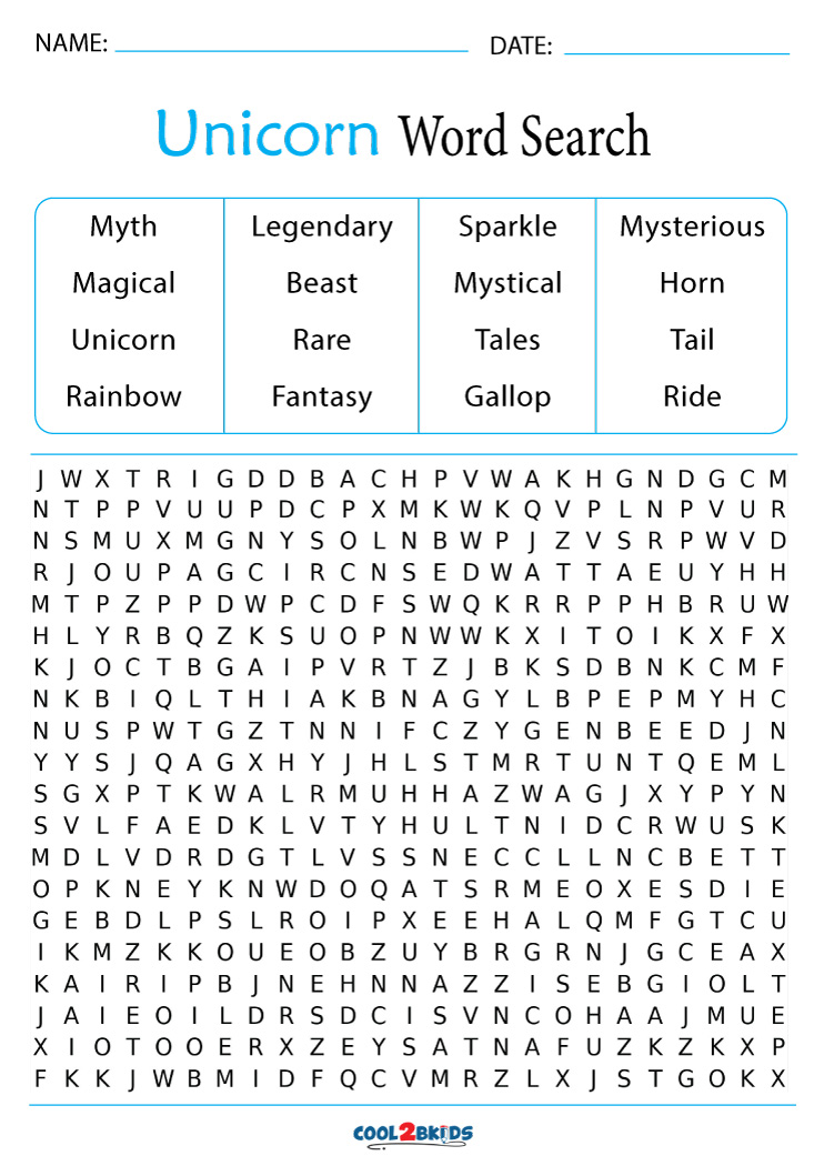 printable unicorn word search cool2bkids