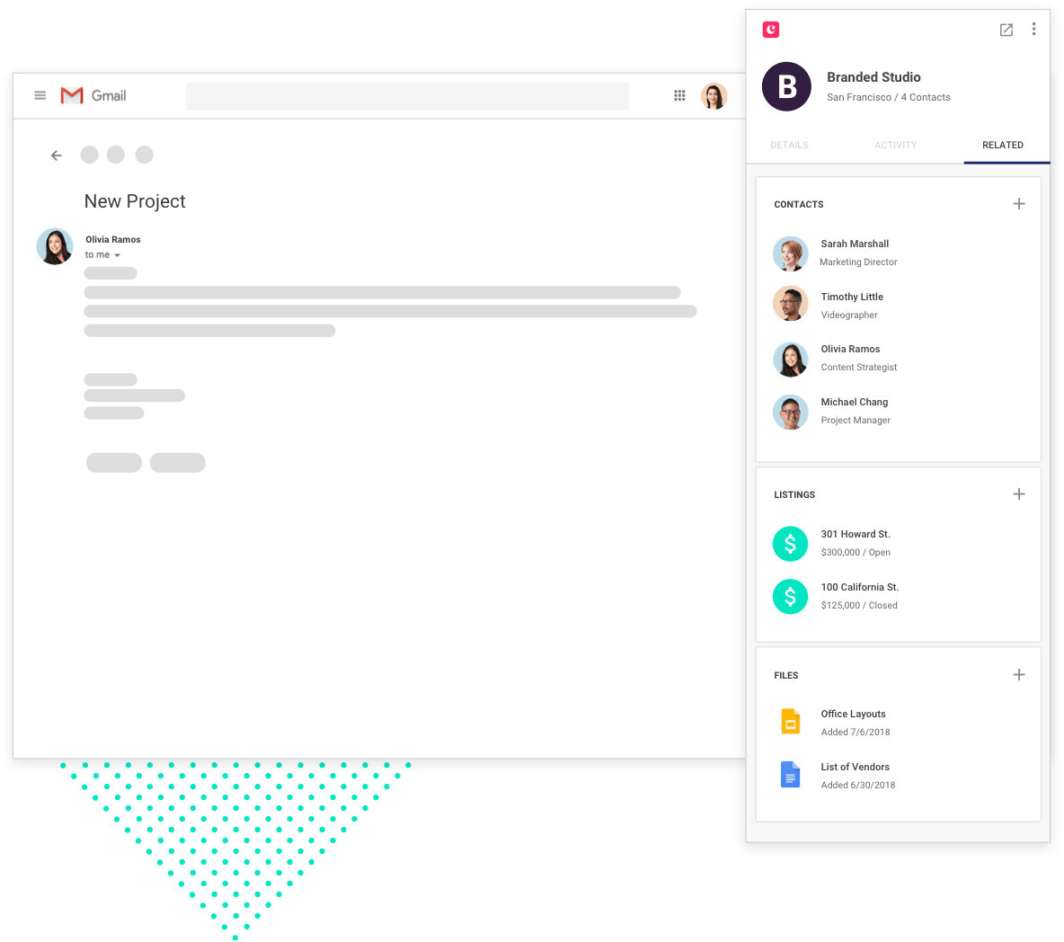 Copper contact and project details shown next to a Gmail message