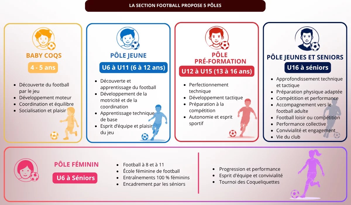 Infographie présentant les cinq pôles de la section Football des Coqs Rouges Bordeaux : Baby Coqs (4-5 ans), Pôle Jeune (U6 à U11), Pré-formation (U12 à U15), Pôle Jeunes et Séniors (U16 à séniors) et Pôle Féminin (U6 à séniors).