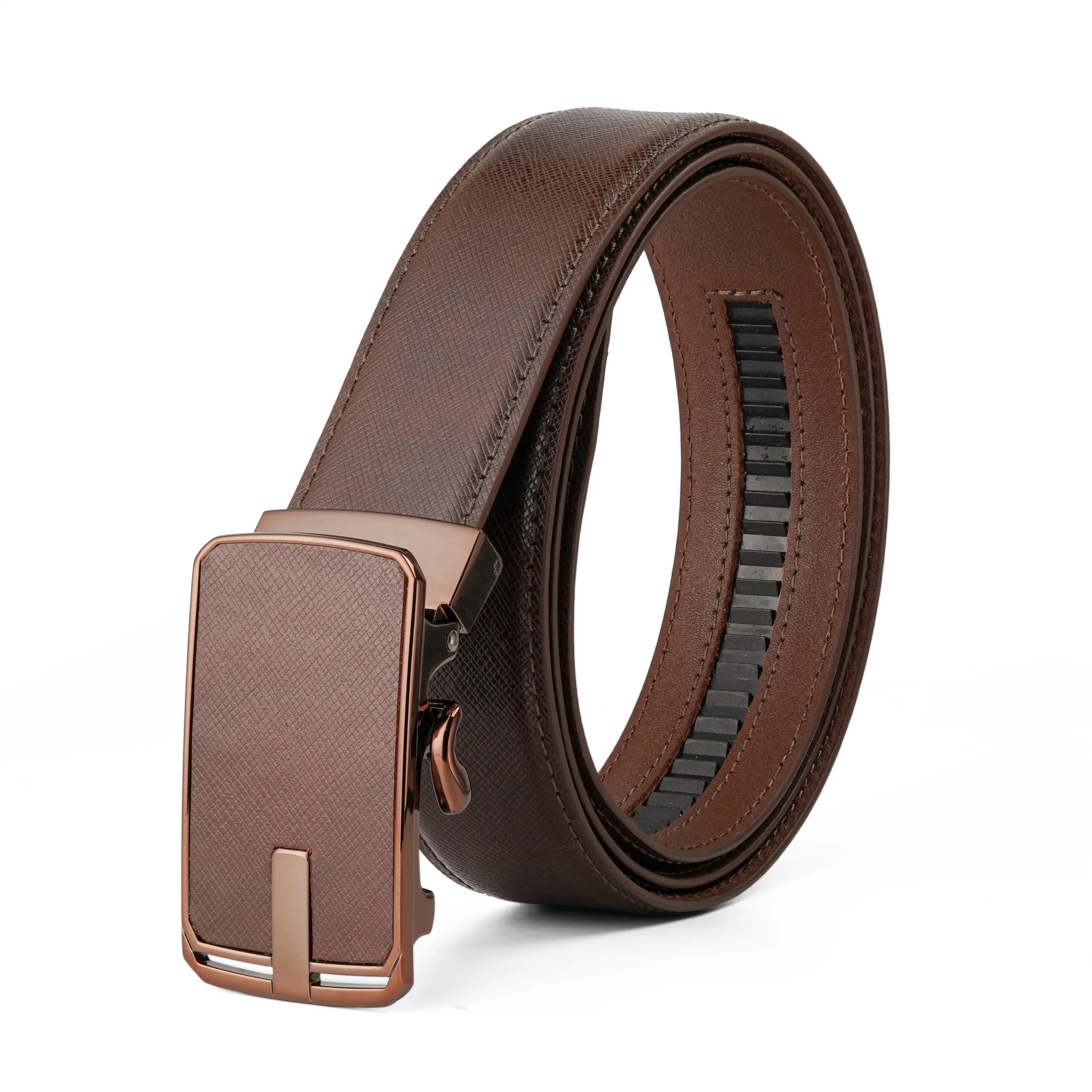 Enor brown leather belt features a matching leather autolock buckle