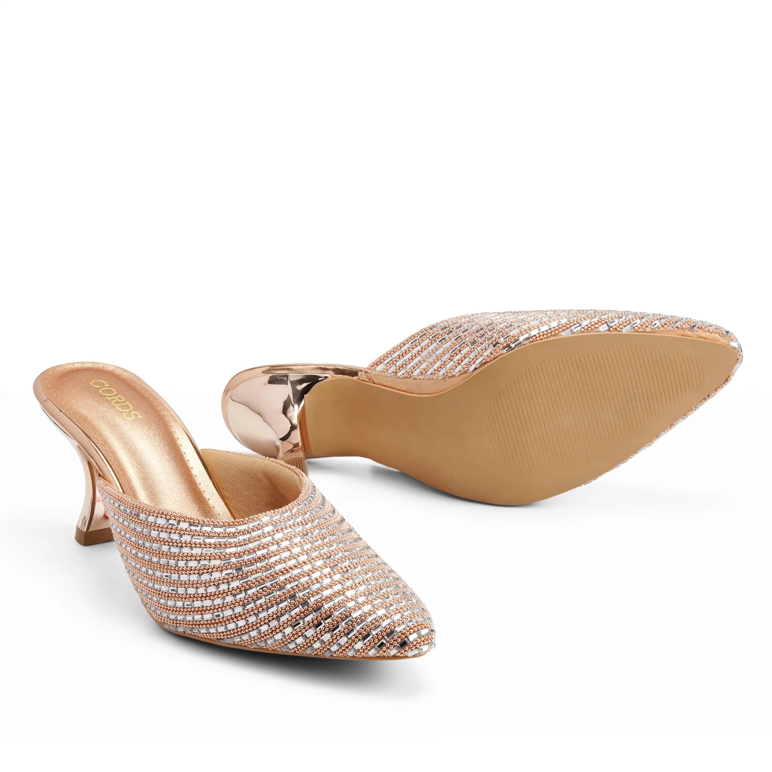 lumi Rose Gold kitten heel mules for women with Tunit sole