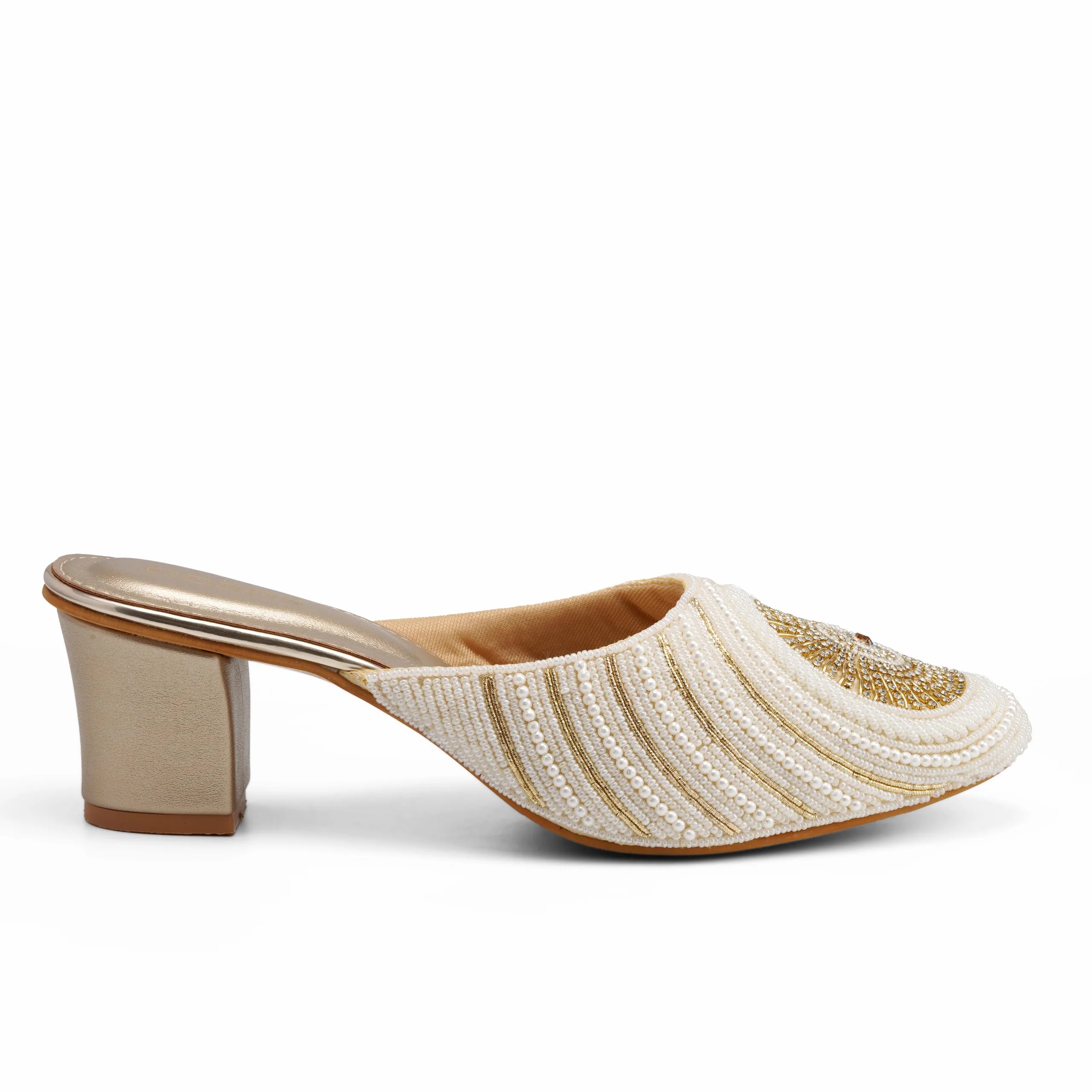 petal White embellished block heel mules