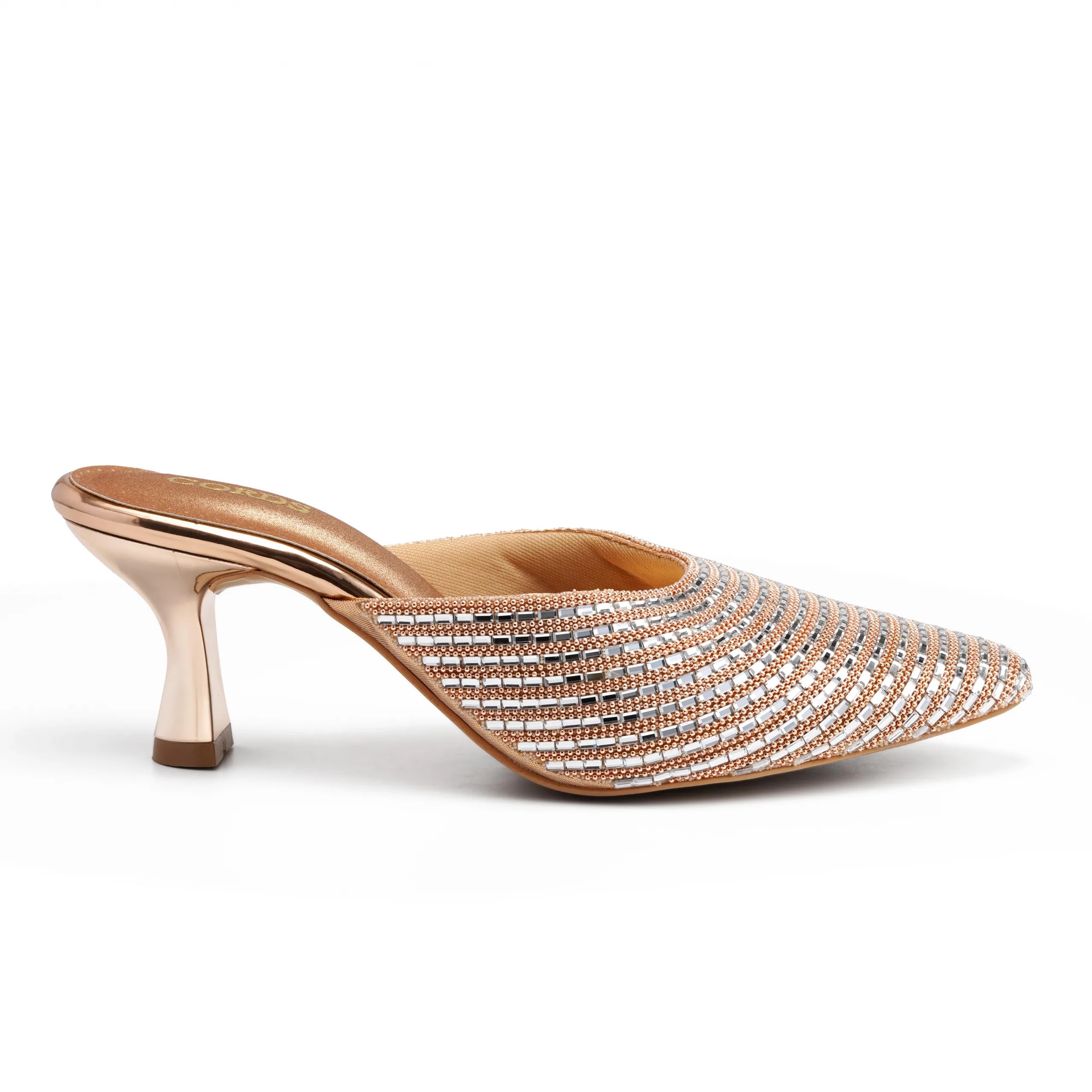 lumi Rose Gold kitten heel mules for women with Tunit sole