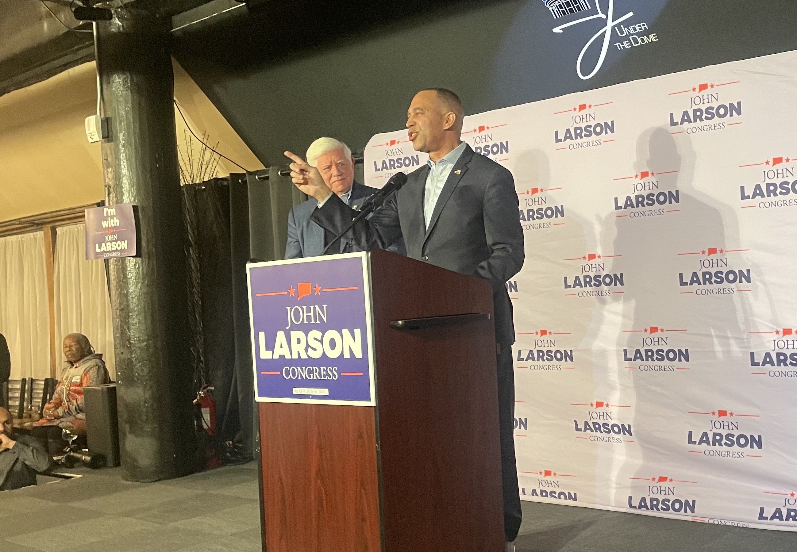 U.S. Rep. John Larson speaks Thursday evening at a campaign event with House Democratic Leader Hakeem Jeffries of Brooklyn, N.Y. (Christopher P. Keating/Hartford Courant)