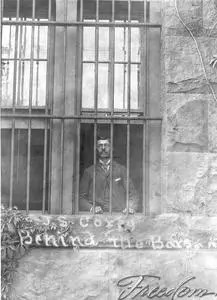 Jacob Coxey in jail, standing at window, behind bars (1894)