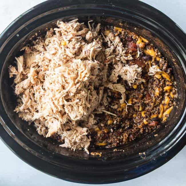 shredded chicken, quinoa, beans and corn in crockpot