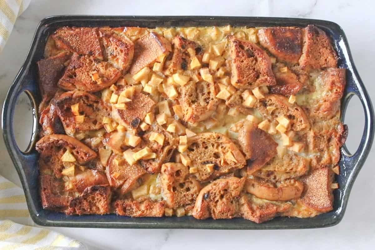 baked apple bread pudding in a large dish