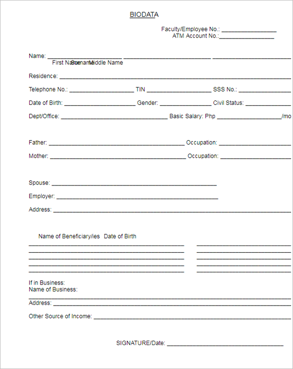 biodata form sample templates free word pdf examples