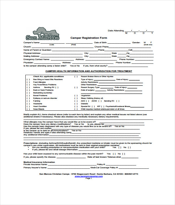 Camper Registration Form Template