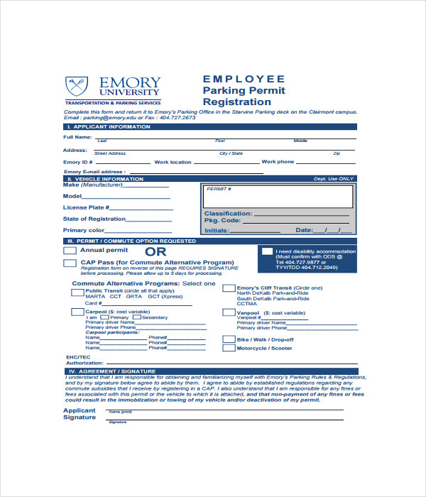 Parking Registration Form Template