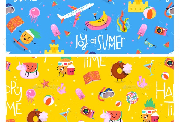 Set of Three Seamless Patterns with Cartoon Summer Elements