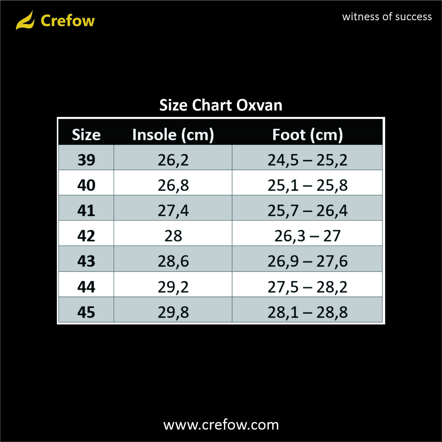 Size Chart Oxvan Black