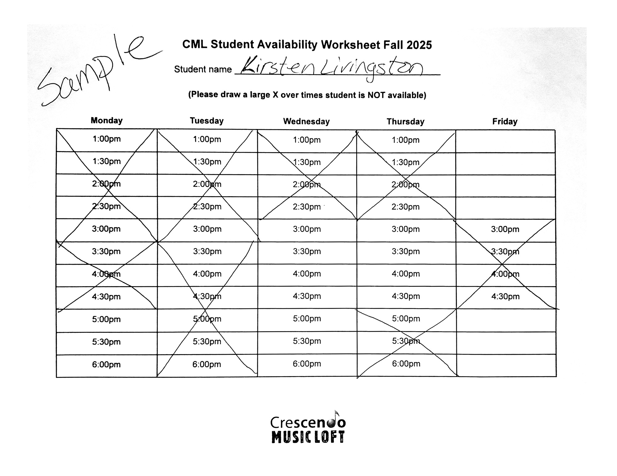 Student Availability Worksheet Fall 2025