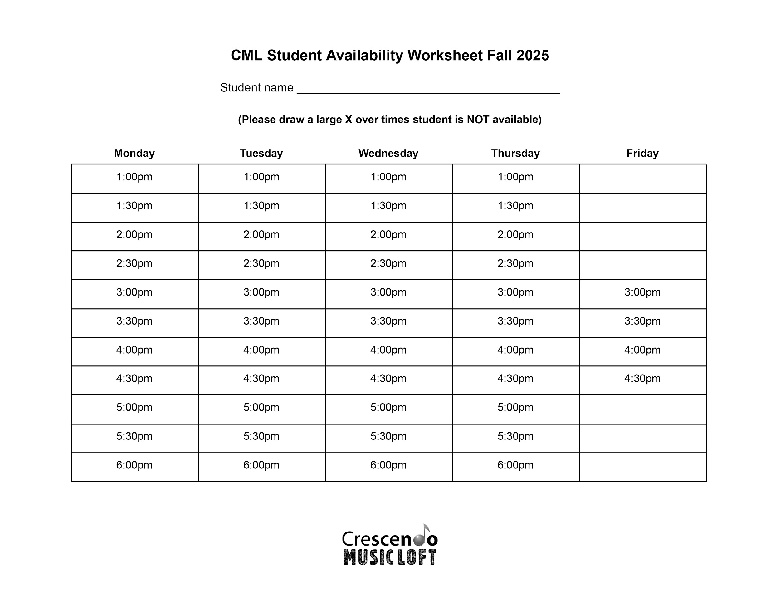 Student Availability Worksheet Fall 2025